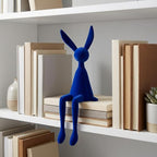 Klein Blue Flocked Bunny Figurine, Modern Sitting Rabbit Sculpture, Resin Abstract Animal Art Statue for Home Decor, Bookshelf Accent (Small)