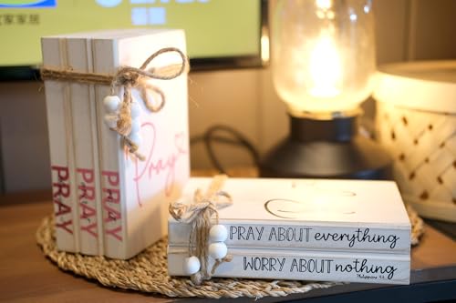 LIVDUCOT Faux Books for Christian Decoration, Decorative Wooden Book Stack for Bible Verse Home Decor - Pray About Everything Worry About Nothing Sign - color: Pray about everything worry about nothing