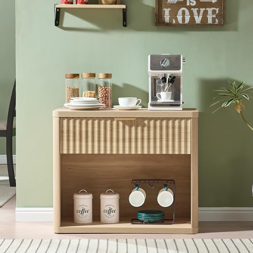 LEYAOYAO 31" Wide Fluted Nightstand with Charging Station, Oversized Extra Large 1 Drawer Night Stand with Golden Handle, Natural Wood Bedside Table Tall End Tables,for Bedroom, Living Room, Hallway - color: Natural, size: 1 Drawers