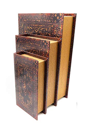 Bellaa Decorative Book Box Antiques Vintage Retro Invisible Secret Storage Faux Leather Wood Magnetic Set of 3 (Gold Foil A) - style: Gold Foil A