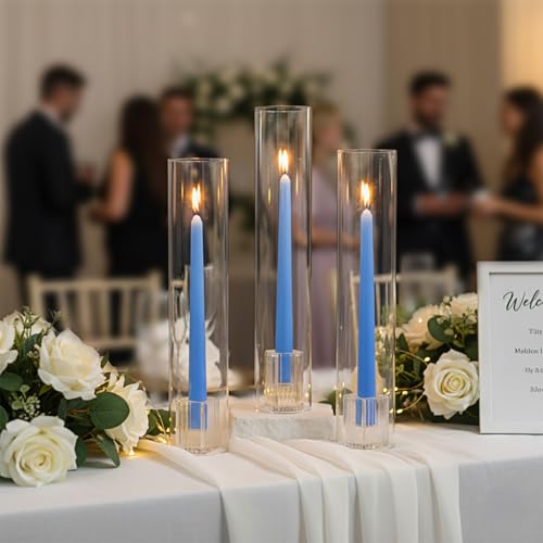 LETINE Hurricane Candle Holders with Ribbed Taper Candle Holders Set of 3(14")- Windproof & Elegant Candle Holder with Glass Cover for Outdoor&Indoors Wedding Centerpieces, Events & Home Decor - color: Clear, size: 14H"-3pcs+3pcs Taper Holder1.57"/2.36"/3