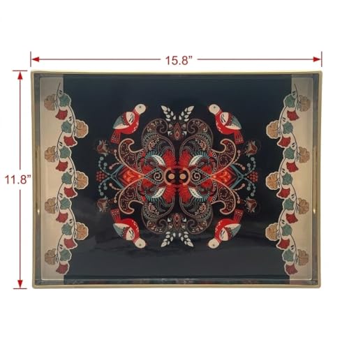 15.8" x 11.8" Black Plastic Serving Tray with Handles, Bohemian Folk Art Bird & Mandala Pattern with Gold Trim, for Ottoman, Coffee Table, Vanity - color: Bohemian Folk Art Bird & Mandala Pattern