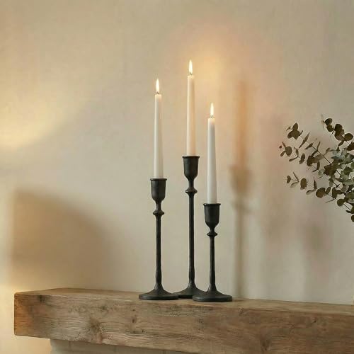 BANOMII Antique Candlestick Holders Set of 3, Cast Iron Taper Candle Holder for Dining Table Centerpiece, Fireplace Mantel Decor, Vintage Tall Candle Stands, Christmas Decorations, Matte Black - color: Black