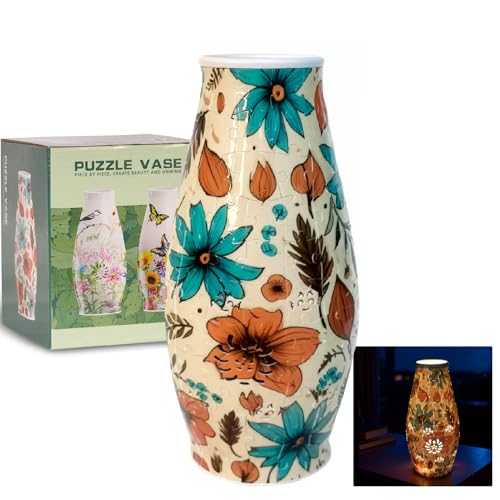 3D Puzzle Vase LED Light, Creative Flower Vase with Cut-Out Design, Adult Crafts 3D Puzzles for Home Decor Table Centerpiece, Unique Gifts for Housewarming Women's Day - color: Floral Leaves