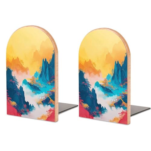 Colorful Mountains Wooden Bookends Shelves 2 PCS Pavilions Trees with Chinese Craftsmanship Minimalist Sturdy Book Holders Desktop Organizer for Home Office Libraries - color: Color-3
