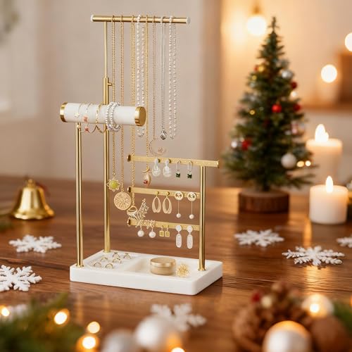 SZQINJI 5 Tier Jewelry Holder Organizer, Gold Jewelry Stand with Velvet Bracelet Holder, Adjustable Height Jewelry Display for Necklaces, Bracelets, Earrings, Rings, Gift Idea for Women, White - color: White