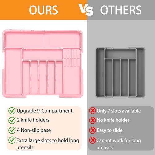 Homecor Silverware Organizer - Expandable Large Kitchen Drawer Organizer Utensil Organizer with 2 Knife Block Inserts, 22"x 19"Cutlery Tray with Drawer Dividers for Kitchen Flatware (Pink) - color: Pink