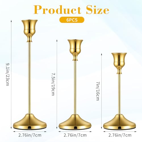 2 Sets 6 Pcs Gold Metal Taper Candle Holders, Candlestick Holders, 7cm Diameter Taper Candle Holder Bulk for Table Centerpieces Candlesticks for Ramadan Wedding Christmas Party Table Decor-23/19/16cm - color: 6pcs