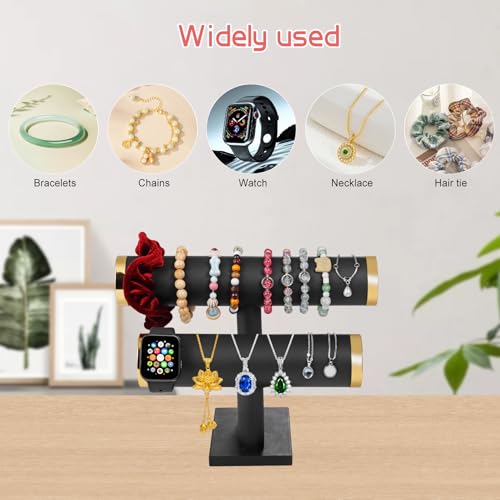 Two-layer T-shaped jewelry display stand, specifically designed for the display and organization of bracelets, bangles.Velvet material，Simple and elegant(Black Velvet) - color: Black Velvet