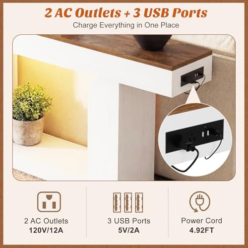 Homieasy Console Table, 47" Entryway Table with LED Lights & Charging Station, Farmhouse Wooden Sofa Table Behind Couch, Narrow Hallway Table for Living Room, Foyer, Entry, Antique White & Brown - color: Antique White & Brown, size: 47.2"