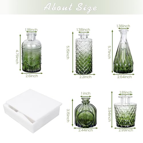 TBWIND Glass Bud Vase Set of 5, Small Green Flower Vases for Centerpieces in Bulk, Mini Vintage Vase for Wedding Decor, Single Flowers, and Home Table Décor - color: 5pcs-green