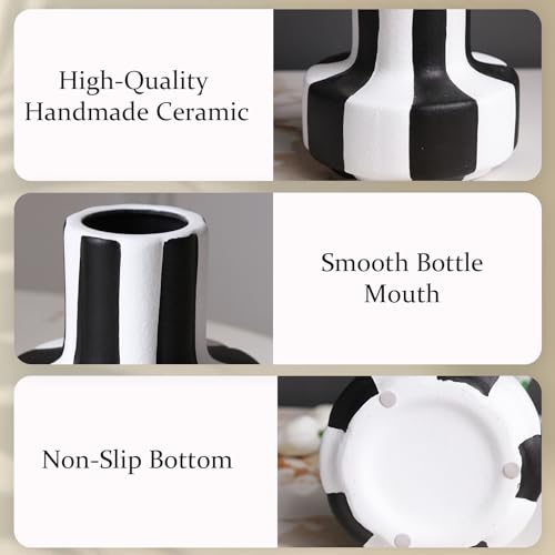 Modern Nordic Black and White Striped Ceramic Vase – Rough-Textured Minimalist Tabletop Decor for Living Room, Bedroom, Office – Unique Centerpiece for Wedding or Housewarming Gift