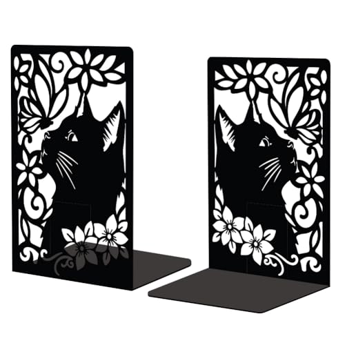 Peacoblue Metal Bookends for Shelves, Modern Decorative Heavy Duty Study Book Support Stoppers for Office, Desk, Shelf, Room 5.3"x4.3"x7.9" Cast Iron Simple Tall Bookends, 1 Pair (Cat and Butterfly) - style: Cat and Butterfly