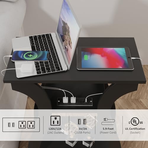 FROMJBEST End Table with Charging Station, Side Table with USB Ports and Outlets, Nightstand, 3 Tier End Table with Storage Shelf for Living Room, Bedroom (Black) - color: Black