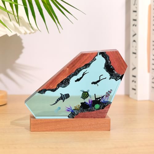 Ocean Creative Epoxy Resin Wood Light Lamp, Handmade Multi Color Aquatic Ocean Lamp Deep Sea Diver Cave Diving Enthusiasts Led Night Light Desktop Decor Christmas Birthday Gift (Ocean World, S) - color: Ocean World