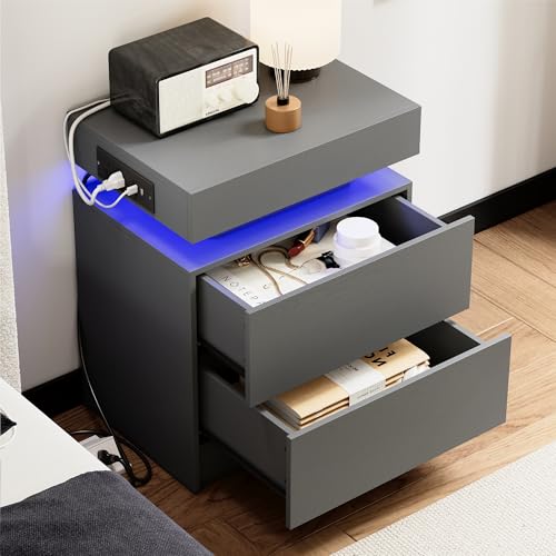 LIKIMIO Night Stand with Charging Station, Modern Grey Nightstand with LED Light and Drawers, Bedside Tables/End Table for Bedroom - color: Grey