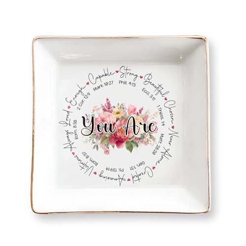 Christian Bible Verse Jewelry Dish Gift for Women, Faith 4" Ceramic Jewelry Tray, Christian Inspiration Gifts - Mother's Day, Birthday, Religious Gift - Communion, Confirmation Gifts for Teen Girls - color: You Are Round
