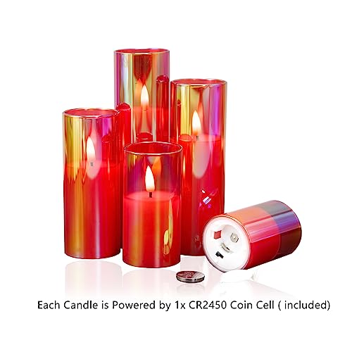 Eywamage Red Glass Flameless Candles with Remote Batteries, Flickering Slim Tall LED Pillar Candles Set of 5 - color: Red