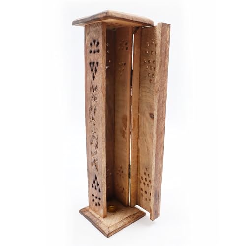 Hosley Hand-Carved Wooden Incense Stick Holder Tower – Tall Decorative Burner Box with Hinged Door for Aromatherapy, Meditation, Yoga, Home & Office Décor (Includes 20 Incense Sticks) - color: Brown