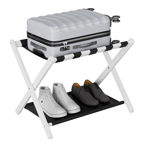 Smuxee White Bamboo Luggage Rack for Guest Room, Foldable Suitcase Stand with Storage Shelf, Easily Assembled Luggage Stand with 5 Nylon Straps for Guest Room Bedroom Hotel - color: White 1PCS