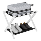 Smuxee White Bamboo Luggage Rack for Guest Room, Foldable Suitcase Stand with Storage Shelf, Easily Assembled Luggage Stand with 5 Nylon Straps for Guest Room Bedroom Hotel - color: White 1PCS