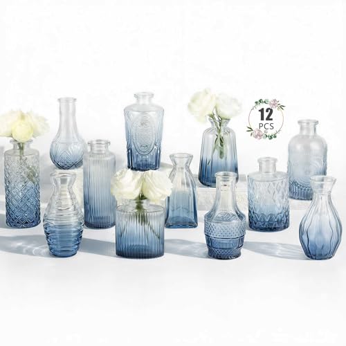 12 Pack Bud Vase in Bulk - BEAHOT Blue Flower Vases for Wedding Decorations, Glass Vase for Table Decorations, Small Vase for Home, Mother's Day, Centerpieces, Party, Office (Blue) - color: Blue
