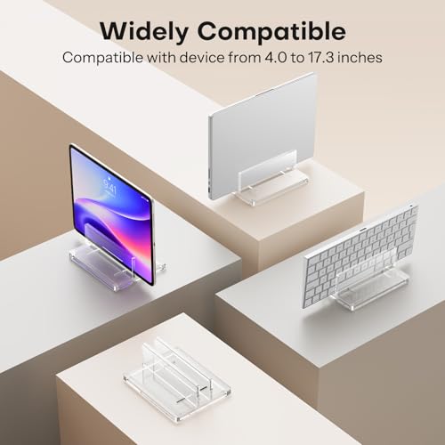 OMOTON Vertical Laptop Stand for Desk, Acrylic Laptop Holder Desktop Clear Adjustable Dock for MacBook Pro Air, HP, All Gaming Laptops up to 17” (Clear, Single Slot) - size: Single-Clear