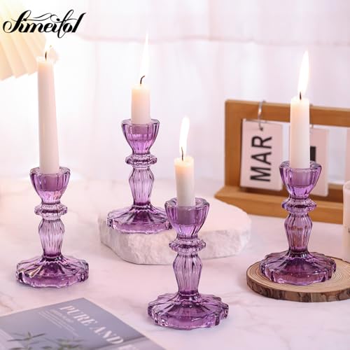 12pcs Taper Candle Holders, Candlestick Holders, Glass Candle Holder - Vintage Flower Design Candle Holders for Wedding, Birthday, Halloween & Home Decoration (Purple) - color: Purple