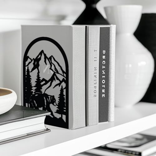 Peacoblue Metal Bookends for Shelves, Modern Decorative Heavy Duty Study Book Support Stoppers for Office, Desk, Shelf, Room 5.3"x4.3"x7.9" Cast Iron Bookends, 1 Pair (Mountain and Forest with Bear) - style: Mountain and Forest with Bear