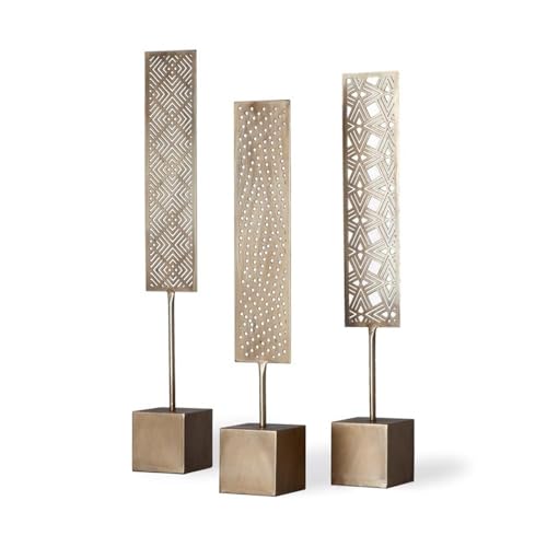 Pemberly Row Set of 3 Gold Metal Decorative Objects, Champagne Finish, Elegant Patterned Design, Modern Home Decor Accents, Sizes 4"x4"x28", 4"x4"x26", 4"x4"x24"