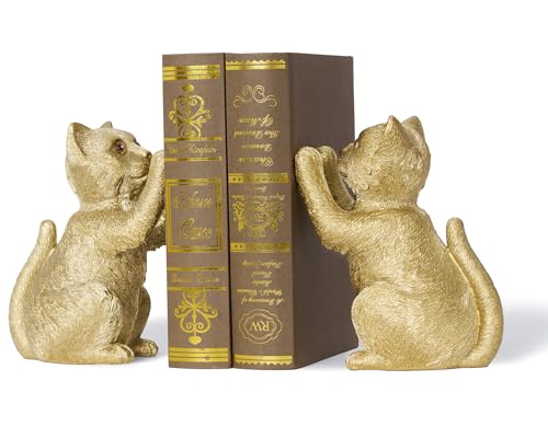Gold Cat Bookends for Shelves, Heavy Duty Bookends, Decorative Bookends for Kids Books, Non-Skid Design, Gold Cat Statue Enthusiasts Gifts - color: Gold