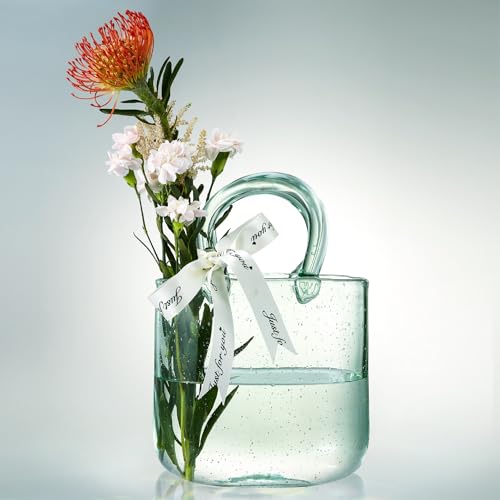 Thickened Glass Purse Vase for Flowers Gift Set-(Handmade 5mm Crystal-Unique Cute Clear Bag Vase with Reinforced Gift Box, Premium Table Centerpiece for Wedding/Mothers Day (Turquoise) - color: Turquoise