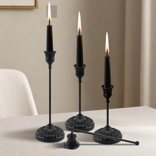 BEAHOT Matte Black Candle Holders, Set of 3 with Matching Candle Snuffer – Elegant Durable Non-Slip Candlestick Holders for Christmas Decorations Wedding Centerpiece & Home Gift Display - color: Black 3 Pack