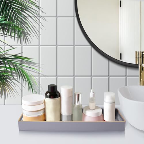 MAONAME Gray Bathroom Tray, Plastic Vanity Tray, Long Narrow Countertop Trays with Handles, Perfume Organizer Trays for Dresser, Bathroom Accessories, 13.8" x 6" x 1.57" - color: Gray