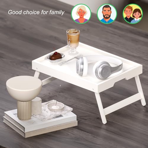 Fibogollo 4 Pack Bamboo Bed Tray Table with Folding Legs,Breakfast Trays,Serving Tray for Food and Snack,Laptop Trays for Working(White) - color: White, size: 4 PC