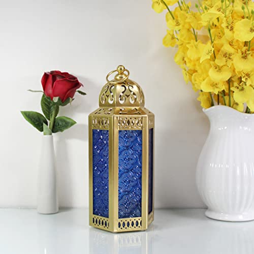 CVHOMEDECO. Decorative Candle Lantern Moroccan Lanterns Vintage Golden Metal Lantern Holder for Home Patio Outdoor Decor. Cobalt Glass, Medium - color: Cobalt G