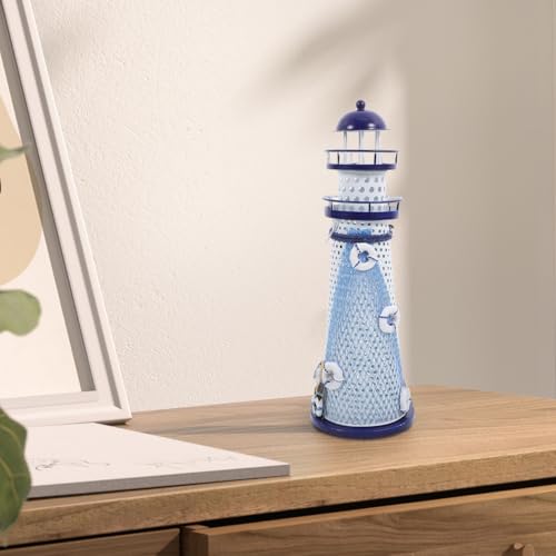 Amosfun Nautical Lighthouse Candle Holder Metal Tea Light Stand Mediterranean Desk Decor with Large Round Holes for Home Office Table Display