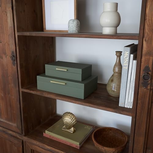 ZICOTO Decorative Storage Boxes with Lids – Set of 2 Beautiful PU Leather Organizer Bins for Your Bookshelf Home Decor - Safely Store Photos, Documents and Memory Box Keepsakes in Style - color: Sage