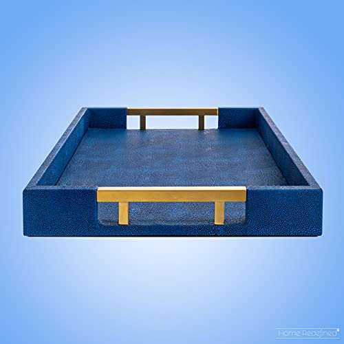 Modern Elegant 17.5”x12” Rectangle Navy Blue Faux Leather Shagreen Decorative Tray Ottoman Tray Coffee Table Perfume Living Room Kitchen Serving Tray with Brass Gold Metal Handles by Home Redefined. - color: Navy/Gold Brass
