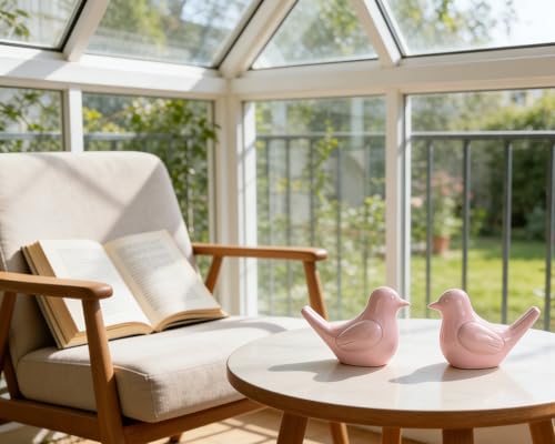 Small Pink Bird Statue Ceramic 2-Piece Set, 3¾ inch Cute Knick Knack for Home Office Shelf Desk Decor - color: Pink