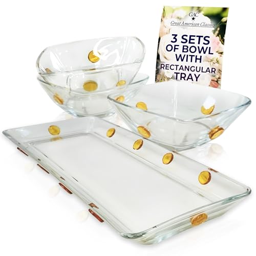 GAC Elegant Glass Square Bowls Set with Matching Rectangular Tray - 3-Piece Decorative Glass Centerpiece with Gold Dots, Square Serving Bowls for Condiments, Snacks, & Parties- Thoughtful present.