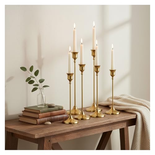 Candle Holder, Modern Minimalist Brass Gold Metal Candlestick Holders, Set of 3 Tall - Elegant Taper Candle Holders for Table Centerpiece, Wedding, Dinner Party Home Decor (2 Set 6 pcs) - color: Brass Gold, size: 2 set (6 pcs)