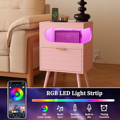 Veegle Nightstand,Modern Bedside Table with Storage Drawer and Open Wood Shelf, Accent Night Stand with Solid Wood Legs for Living Room, Bedroom and Small Spaces,Easy Assembly (Pink) - color: Pink