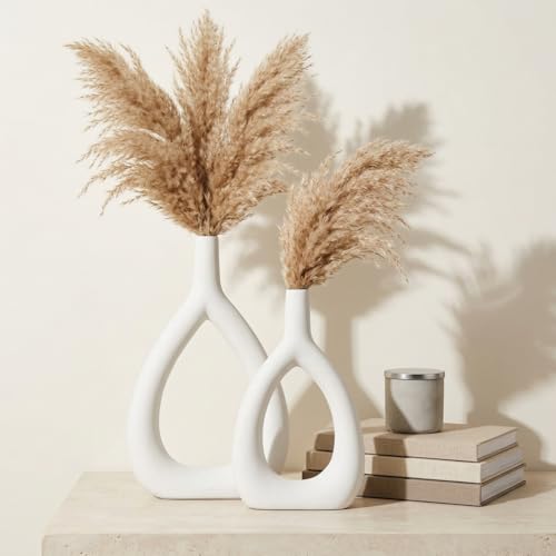 Ajuny Oval Vase Set of 2 – White Ceramic Decorative Vases, Farmhouse Style Modern Accent for Wall Decor, Bedroom, Living Room, Coffee Table, Office - style: Oval-Vase