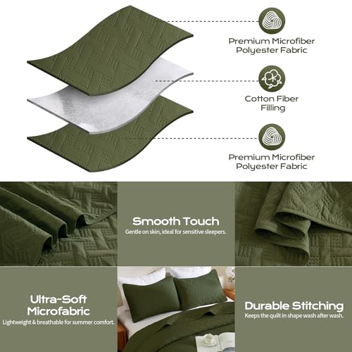 JYHOPE Olive Green Twin Quilt Set 68x90 Lightweight Microfabric Bedspread, 3-Piece Quilt Bedding with Pillow Shams, Summer Cooling Quilts, Ribbon Wrapped Gift - color: Weave Pattern-olive Green, size: Twin(68x90)