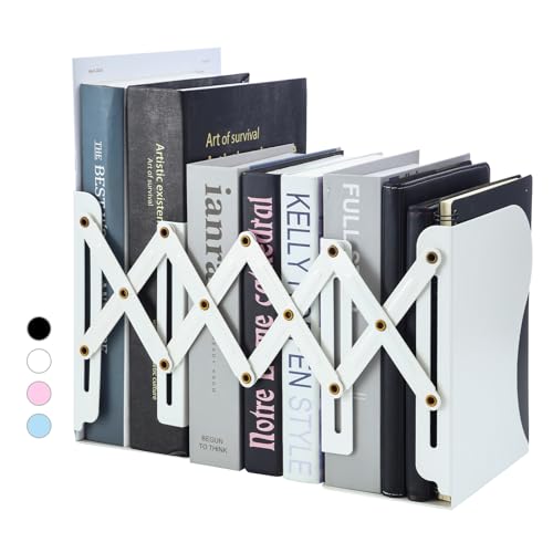 M&G Adjustable Bookends Book Ends for Shelves, Metal Bookend for Heavy Books, Desk Magazine File Organizer Holder Extends up to 20in, Book Stopper for Home, Office, Classroom (White) - color: White