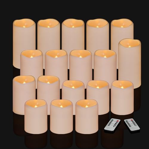 Artmarry Flameless Candles 4" 5" 6" Outdoor Indoor Pillars 18 Pack Battery Operated Flickering Candles Include 10-Key Remote Timer 400+ Hours by 2 AA Batteries(18 Pack) - color: Ivory Candle - Warm light, size: 3"D x 4"|5"|6" H - 18 Pack