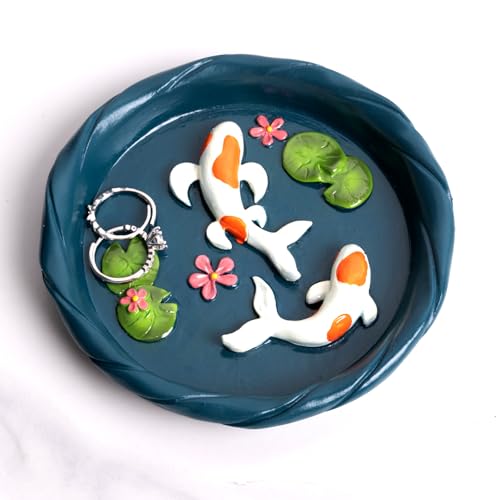 Koi Fish Ring Dish - Resin Jewelry Tray, Jewerly Holder for Women& Engagement Gift, Wedding Ring Holder for Ceremony, Key Bowl for Trinkets, Small Decorative Tray - color: Dark blue