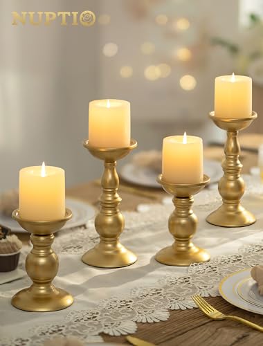 Set of 2 Gold Candlestick Metal Pillar Candle Holders, Flameless Candlestick Holders Stand Centerpieces Decoration Ideal for Weddings, Special Events, Parties - size: 2 x L