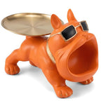 French Bulldog Tray Sculpture – Multifunctional key tray and candy bowl, resin bulldog statue, suitable for entryway tables, office desks, living room use, home decor gift. (orange)